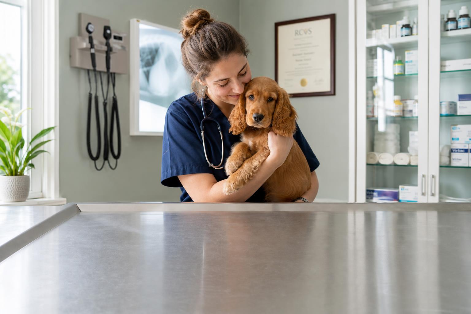 Veterinarian examining a happy golden retriever puppy on a clinic table